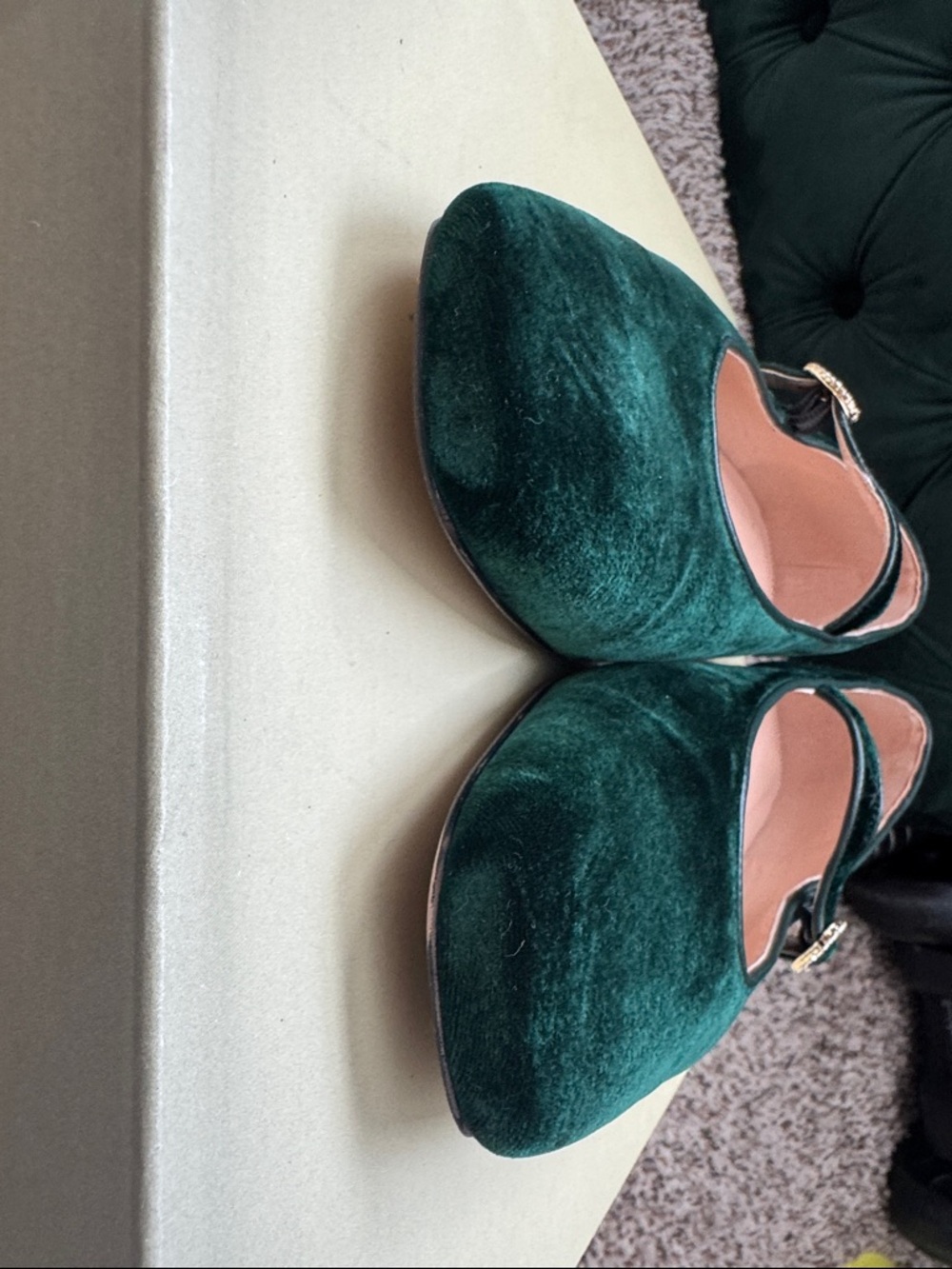 J. Crew Women's Dark Green Velvet Mary Jane Flats with Pink Insole - Picture 3 of 3